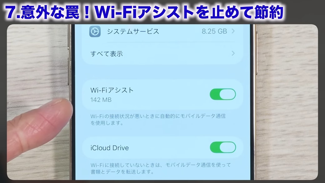 Wi‑Fiアシストで使用したデータ量が表示される