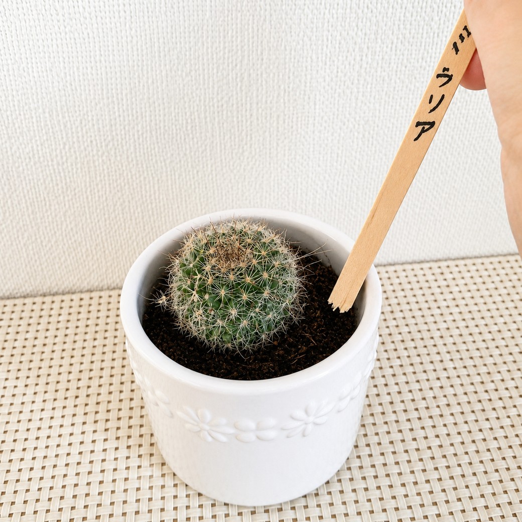植物の名前を書いた木製マドラーをさす人