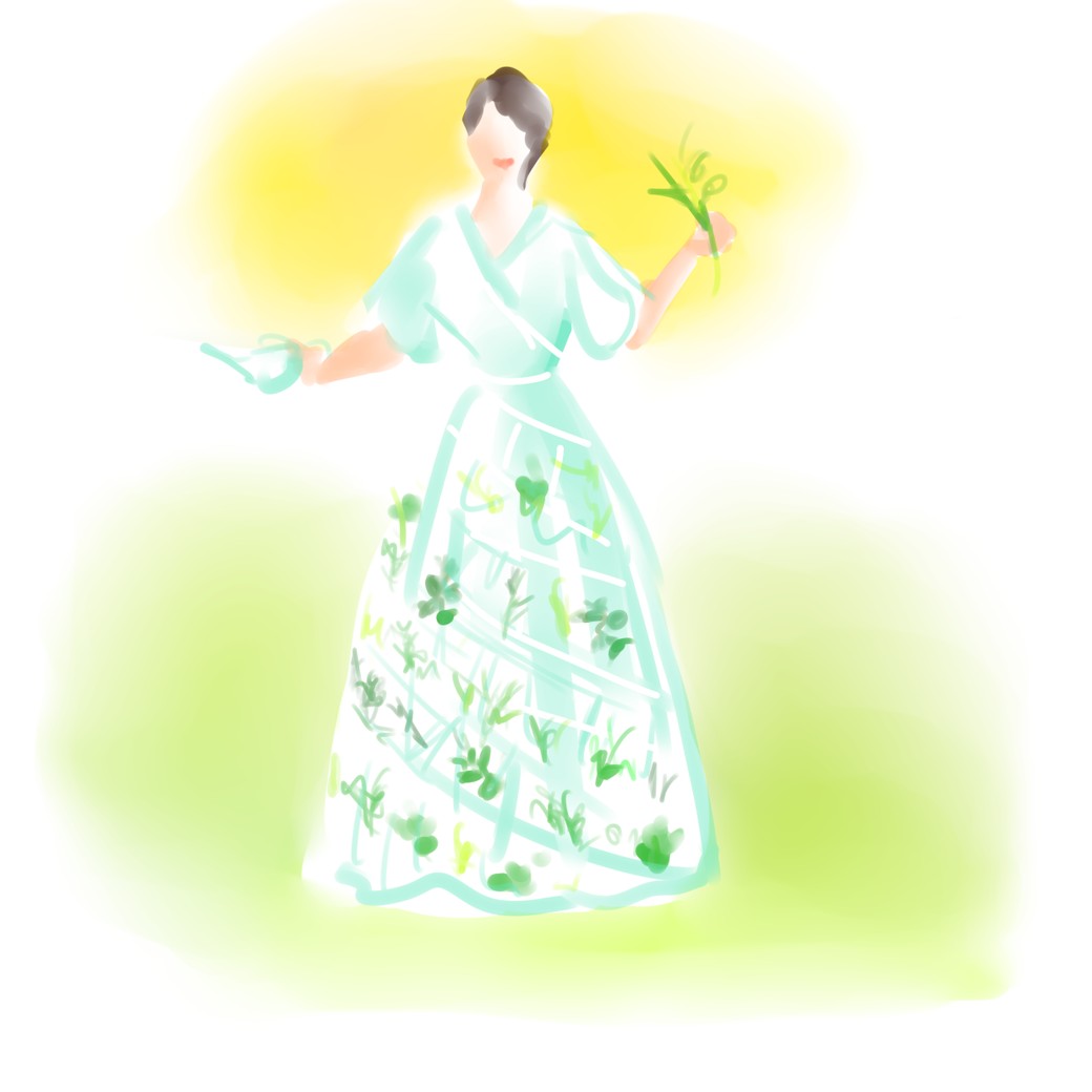 麻希が描いたハーブのマイさんのドレスのイメージ図。白いドレスのスカート部分がウォールポケットのような透明ポケットになっており、様々な葉の形の生ハーブが挿されてドレスを彩っている。