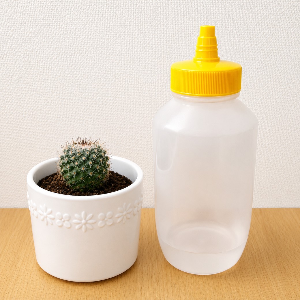 水が入ったはちみつの容器とサボテン