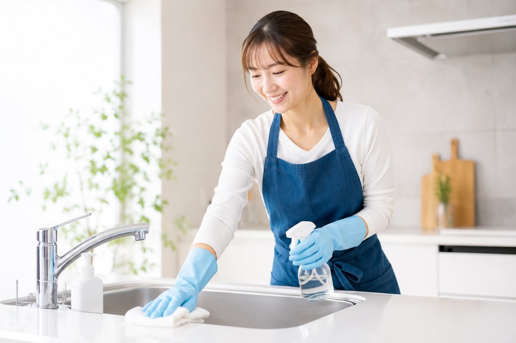 水回りを掃除する女性