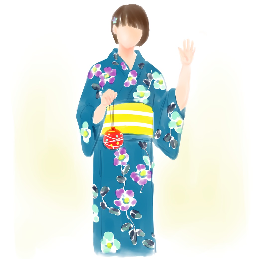 紺色の地に花の模様の浴衣姿の文香。手にはヨーヨーすくいのヨーヨー。