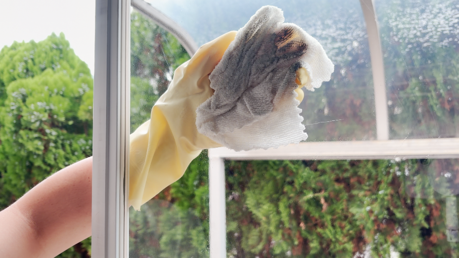 洗剤液を含ませたクロスで窓を拭く