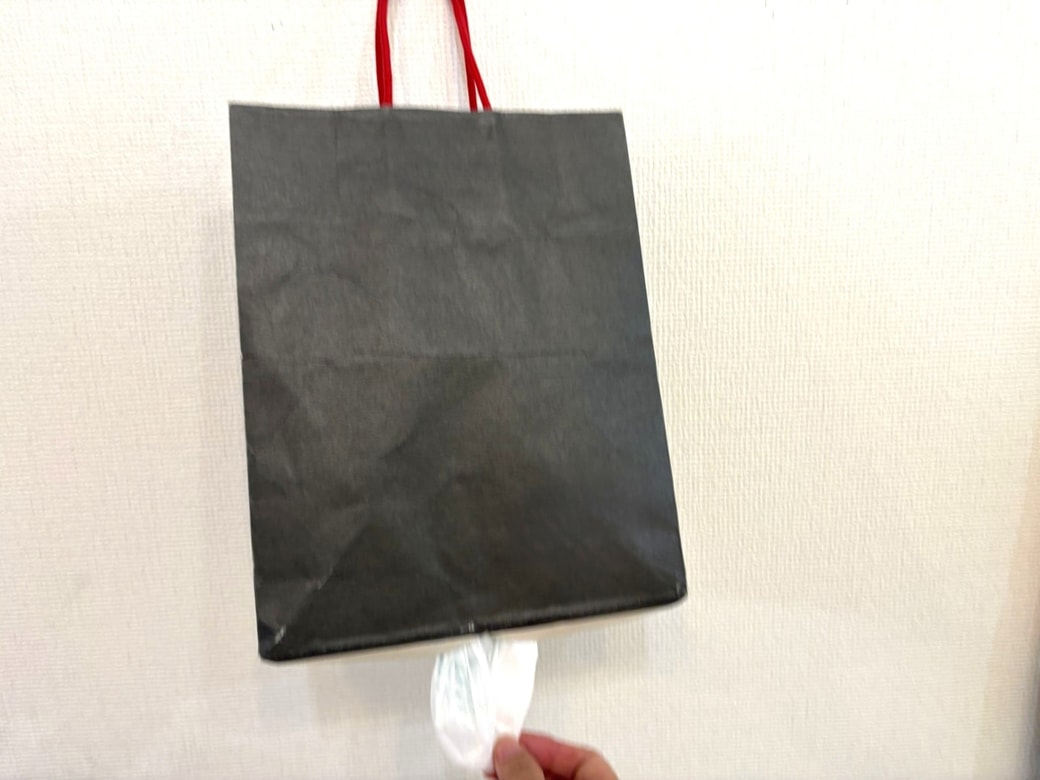 紙袋からレジ袋を引っ張る様子