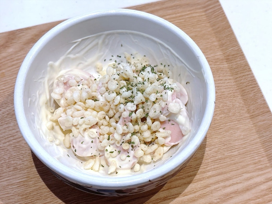 できあがった「魚肉ソーセージの海老マヨ風」