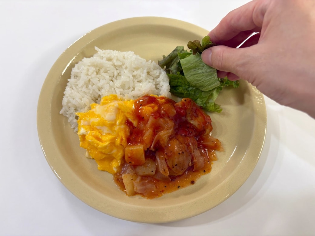チキンのトマト煮込みをかけ、リーフレタスを添える