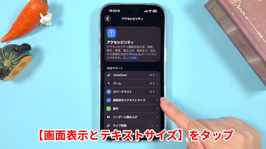 「画面表示とテキストサイズ」をタップする